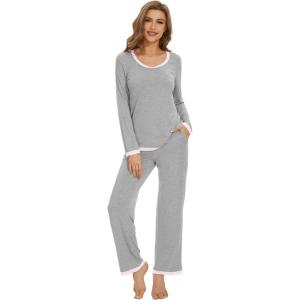 image:imageWiWi Womens Pajama Sets Soft Long Sleeves Top with Pants Cooling PJ 2 Piece Viscose from Bamboo Loungewear Set SXXLAlight Heather Grey
