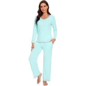 image:imageWiWi Womens Pajama Sets Soft Long Sleeves Top with Pants Cooling PJ 2 Piece Viscose from Bamboo Loungewear Set SXXLCaqua