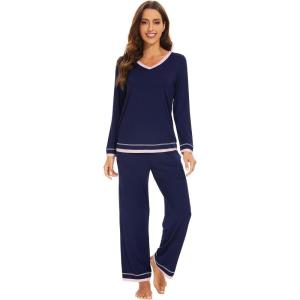 image:imageWiWi Womens Pajama Sets Soft Long Sleeves Top with Pants Cooling PJ 2 Piece Viscose from Bamboo Loungewear Set SXXLCnavy