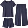 image:imageWiWi 3 PCS Pajamas for Women Set Short Sleeve Pajama Sets Capri and Shorts Pj Sets Super Soft Cooling Sleepwear SXXLNavy