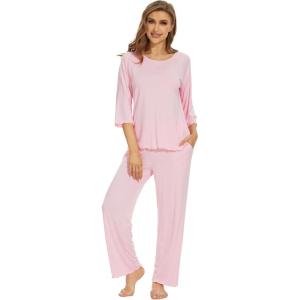 image:imageWiWi Bamboo Viscose Pajamas for Women Soft 34 Sleeve Pajama Sets Loose Knit Sleepwear Casual Pj Set SXXLBlush Pink
