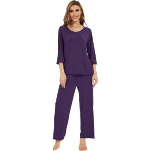image:imageWiWi Bamboo Viscose Pajamas for Women Soft 34 Sleeve Pajama Sets Loose Knit Sleepwear Casual Pj Set SXXLDark Purple
