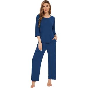 image:imageWiWi Bamboo Viscose Pajamas for Women Soft 34 Sleeve Pajama Sets Loose Knit Sleepwear Casual Pj Set SXXLInk Blue