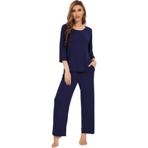 image:imageWiWi Bamboo Viscose Pajamas for Women Soft 34 Sleeve Pajama Sets Loose Knit Sleepwear Casual Pj Set SXXLNavy