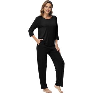 image:imageWiWi Bamboo Viscose Womens Pajama Set 34 Sleeve Pajamas Crewneck Sleepwear Sets Soft Loungewear Pjs with Pockets SXXLAblack