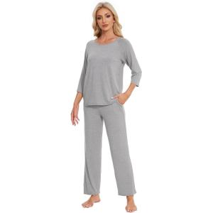 image:imageWiWi Bamboo Viscose Womens Pajama Set 34 Sleeve Pajamas Crewneck Sleepwear Sets Soft Loungewear Pjs with Pockets SXXLAheather Grey