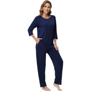 image:imageWiWi Bamboo Viscose Womens Pajama Set 34 Sleeve Pajamas Crewneck Sleepwear Sets Soft Loungewear Pjs with Pockets SXXLAnavy