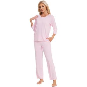image:imageWiWi Bamboo Viscose Womens Pajama Set 34 Sleeve Pajamas Crewneck Sleepwear Sets Soft Loungewear Pjs with Pockets SXXLApink