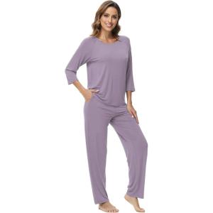 image:imageWiWi Bamboo Viscose Womens Pajama Set 34 Sleeve Pajamas Crewneck Sleepwear Sets Soft Loungewear Pjs with Pockets SXXLAviolet