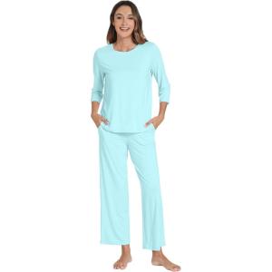 image:imageWiWi Bamboo Viscose Womens Pajama Set 34 Sleeve Pajamas Crewneck Sleepwear Sets Soft Loungewear Pjs with Pockets SXXLBaqua