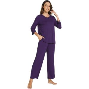 image:imageWiWi Bamboo Viscose Womens Pajama Set 34 Sleeve Pajamas Crewneck Sleepwear Sets Soft Loungewear Pjs with Pockets SXXLBdark Purple