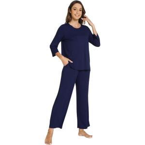 image:imageWiWi Bamboo Viscose Womens Pajama Set 34 Sleeve Pajamas Crewneck Sleepwear Sets Soft Loungewear Pjs with Pockets SXXLBnavy