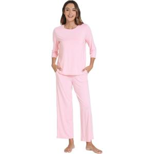 image:imageWiWi Bamboo Viscose Womens Pajama Set 34 Sleeve Pajamas Crewneck Sleepwear Sets Soft Loungewear Pjs with Pockets SXXLBpink