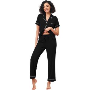 image:imageWiWi Pajamas for Women Bamboo Viscose Soft Ribbed Sleepwear Button Down Top and Pants 2 Piece Loungewear SXXLBblack