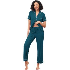image:imageWiWi Pajamas for Women Bamboo Viscose Soft Ribbed Sleepwear Button Down Top and Pants 2 Piece Loungewear SXXLBdeep Teal