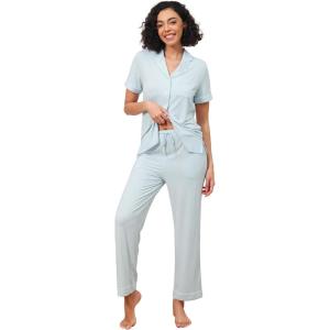 image:imageWiWi Pajamas for Women Bamboo Viscose Soft Ribbed Sleepwear Button Down Top and Pants 2 Piece Loungewear SXXLBlight Blue