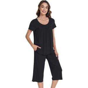 image:imageWiWi Pajamas for Women Soft Cooling Short Sleeve Sleepwear with Capri Pants Viscose from Bamboo Pjs Sets SXXLBlack