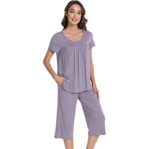 image:imageWiWi Pajamas for Women Soft Cooling Short Sleeve Sleepwear with Capri Pants Viscose from Bamboo Pjs Sets SXXLViolet