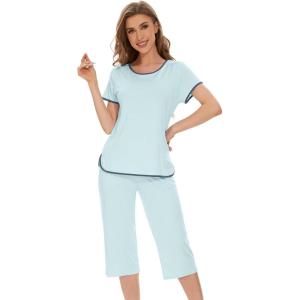 image:imageWiWi Pajamas for Women Soft Knit Capri Pants Pajama Sets Summer Pjs Sleepwear Comfy Lounge Set Viscose from Bamboo SXXLAmist Green