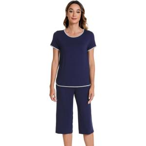 image:imageWiWi Pajamas for Women Soft Knit Capri Pants Pajama Sets Summer Pjs Sleepwear Comfy Lounge Set Viscose from Bamboo SXXLAnavy