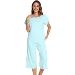 image:imageWiWi Pajamas for Women Soft Knit Capri Pants Pajama Sets Summer Pjs Sleepwear Comfy Lounge Set Viscose from Bamboo SXXLBaqua