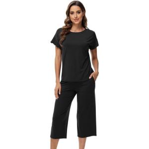 image:imageWiWi Pajamas for Women Soft Knit Capri Pants Pajama Sets Summer Pjs Sleepwear Comfy Lounge Set Viscose from Bamboo SXXLBblack
