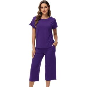 image:imageWiWi Pajamas for Women Soft Knit Capri Pants Pajama Sets Summer Pjs Sleepwear Comfy Lounge Set Viscose from Bamboo SXXLBdark Purple