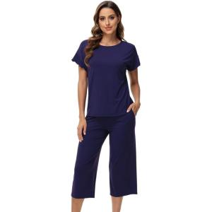 image:imageWiWi Pajamas for Women Soft Knit Capri Pants Pajama Sets Summer Pjs Sleepwear Comfy Lounge Set Viscose from Bamboo SXXLBnavy