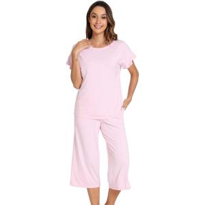 image:imageWiWi Pajamas for Women Soft Knit Capri Pants Pajama Sets Summer Pjs Sleepwear Comfy Lounge Set Viscose from Bamboo SXXLBpink