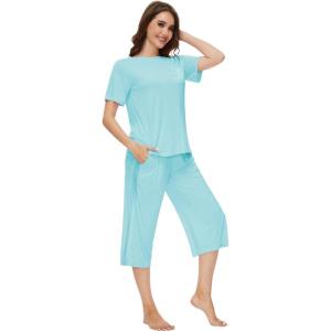 image:imageWiWi Pajamas for Women Soft Knit Capri Pants Pajama Sets Summer Pjs Sleepwear Comfy Lounge Set Viscose from Bamboo SXXLCaqua