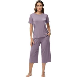 image:imageWiWi Pajamas for Women Soft Knit Capri Pants Pajama Sets Summer Pjs Sleepwear Comfy Lounge Set Viscose from Bamboo SXXLCviolet