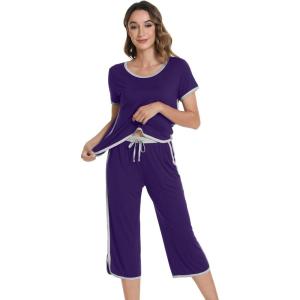 image:imageWiWi Pajamas for Women Soft Knit Capri Pants Pajama Sets Summer Pjs Sleepwear Comfy Lounge Set Viscose from Bamboo SXXLDdark Purple
