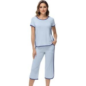 image:imageWiWi Pajamas for Women Soft Knit Capri Pants Pajama Sets Summer Pjs Sleepwear Comfy Lounge Set Viscose from Bamboo SXXLDlight Dlue