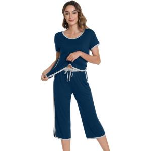 image:imageWiWi Pajamas for Women Soft Knit Capri Pants Pajama Sets Summer Pjs Sleepwear Comfy Lounge Set Viscose from Bamboo SXXLDpeacock Dlue
