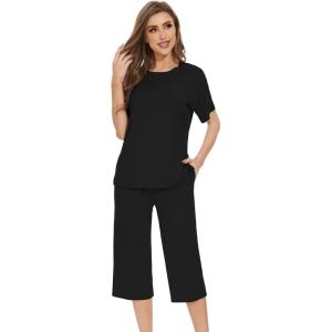 image:imageWiWi Pajamas for Women Soft Knit Capri Pants Pajama Sets Summer Pjs Sleepwear Comfy Lounge Set Viscose from Bamboo SXXLEblack