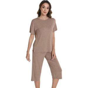 image:imageWiWi Pajamas for Women Soft Knit Capri Pants Pajama Sets Summer Pjs Sleepwear Comfy Lounge Set Viscose from Bamboo SXXLEcamel