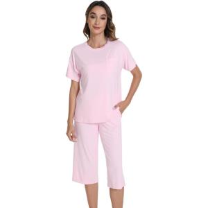 image:imageWiWi Pajamas for Women Soft Knit Capri Pants Pajama Sets Summer Pjs Sleepwear Comfy Lounge Set Viscose from Bamboo SXXLEpink