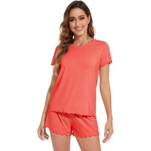image:imageWiWi Soft Viscose from Bamboo Pajamas for Women Summer Short Sleeve Top with Shorts Pajama Set Cooling Sleepwear SXXLCoral