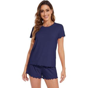 image:imageWiWi Soft Viscose from Bamboo Pajamas for Women Summer Short Sleeve Top with Shorts Pajama Set Cooling Sleepwear SXXLNavy
