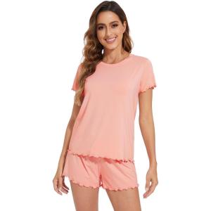 image:imageWiWi Soft Viscose from Bamboo Pajamas for Women Summer Short Sleeve Top with Shorts Pajama Set Cooling Sleepwear SXXLPeach Pink