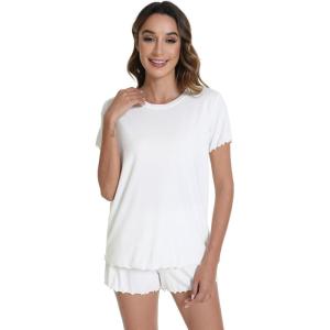 image:imageWiWi Soft Viscose from Bamboo Pajamas for Women Summer Short Sleeve Top with Shorts Pajama Set Cooling Sleepwear SXXLRaw White