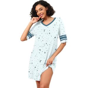 image:imageWiWi Super Soft Nightgowns for Women 34 Sleeve Cooling Nightshirts Sleepwear Bamboo Viscose Dress S4XBlight Blue Stars
