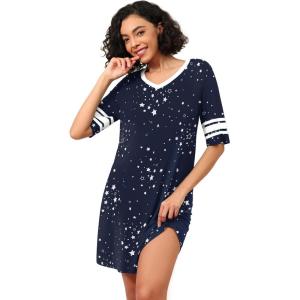 image:imageWiWi Super Soft Nightgowns for Women 34 Sleeve Cooling Nightshirts Sleepwear Bamboo Viscose Dress S4XBnavy Stars