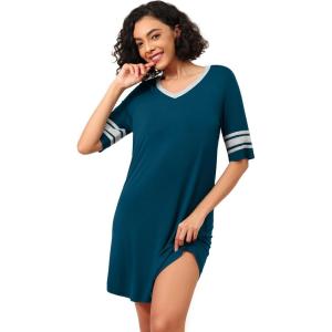 image:imageWiWi Super Soft Nightgowns for Women 34 Sleeve Cooling Nightshirts Sleepwear Bamboo Viscose Dress S4XBpeacock Blue