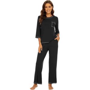 image:imageWiWi Viscose Bamboo Pajamas for Women 34 Sleeve Tops and Long Pants Sleepwear Pajama Set Soft Pjs Sets SXXLBlack