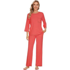 image:imageWiWi Viscose Bamboo Pajamas for Women 34 Sleeve Tops and Long Pants Sleepwear Pajama Set Soft Pjs Sets SXXLCoral
