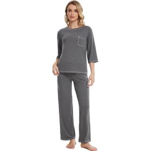 image:imageWiWi Viscose Bamboo Pajamas for Women 34 Sleeve Tops and Long Pants Sleepwear Pajama Set Soft Pjs Sets SXXLDark Heather Grey