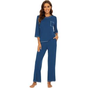 image:imageWiWi Viscose Bamboo Pajamas for Women 34 Sleeve Tops and Long Pants Sleepwear Pajama Set Soft Pjs Sets SXXLInk Blue