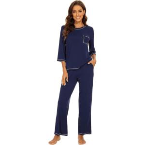 image:imageWiWi Viscose Bamboo Pajamas for Women 34 Sleeve Tops and Long Pants Sleepwear Pajama Set Soft Pjs Sets SXXLNavy