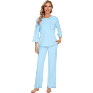 image:imageWiWi Viscose Bamboo Pajamas for Women 34 Sleeve Tops and Long Pants Sleepwear Pajama Set Soft Pjs Sets SXXLPale Blue